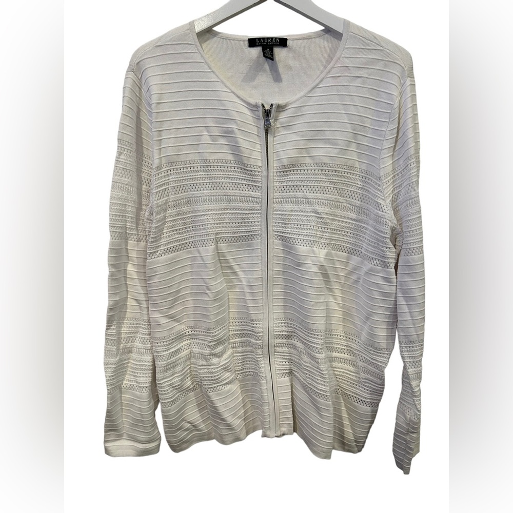 Ralph Lauren White Zipper Cardigan Women plus size 1X‎ White Open Knit Stretch